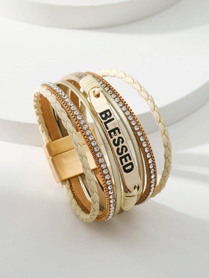 BLESSED Beige Rhinestone Braided Buckle Bracelet with Positive Vibes