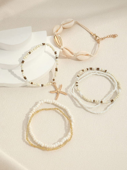 Bohemian Seaside Shell and Starfish Beaded Bracelet Set