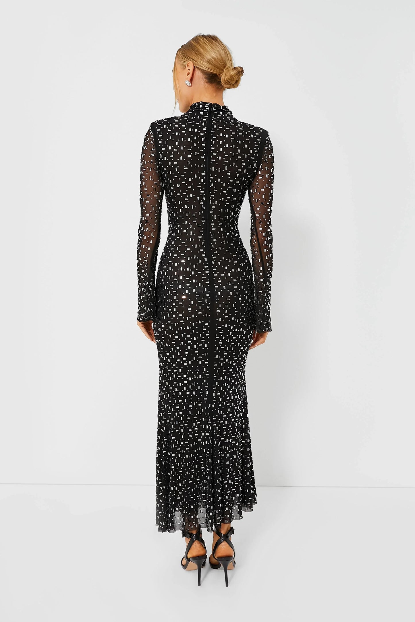Black Square Rhinestone Mesh Midi Dress