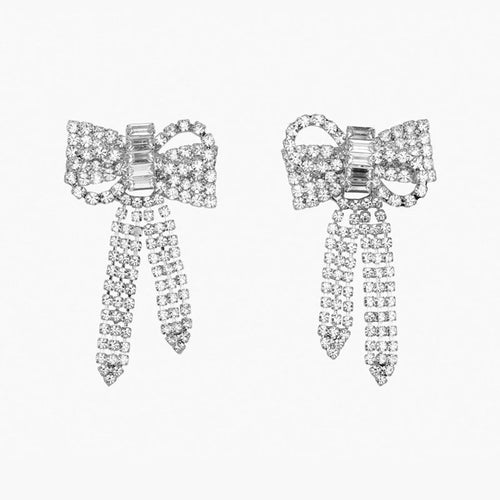 Crystal Bow Drop Earrings Silver