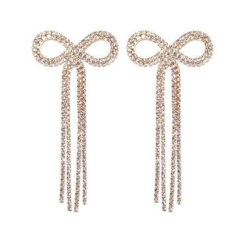 Rhinestone Bow Fringe Long Drop Earrings Silver