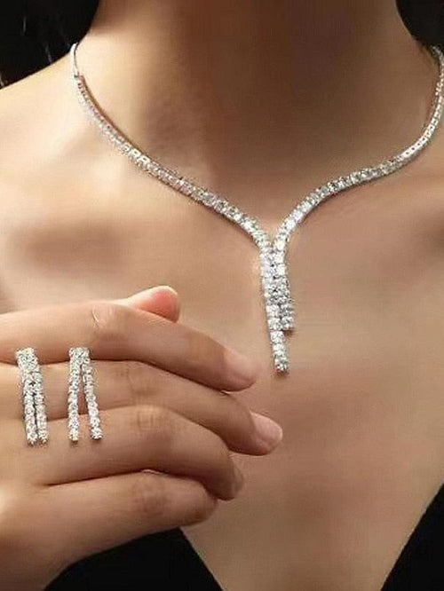3pcs Bridal Jewelry Sets Bride Jewelry Set Silver Crystal Wedding Necklace Earrings Bridal Rhinestone tessel Pendant Accessories for Women and Bridesmaids (3 piece set - 2 earrings and 1 necklace) for Women