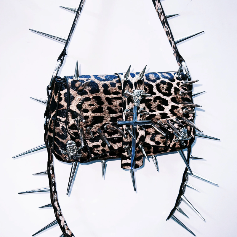 Leopard print rivet cross applique crossbody purses bag  | Festival Outfits Women