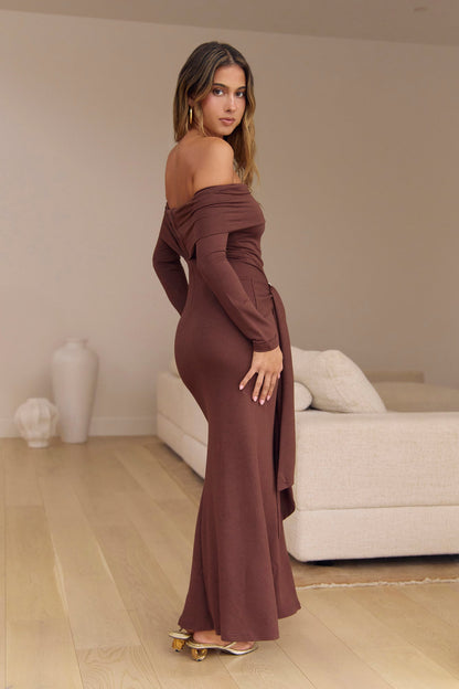The Getaway Edit Off Shoulder Maxi Dress Chocolate