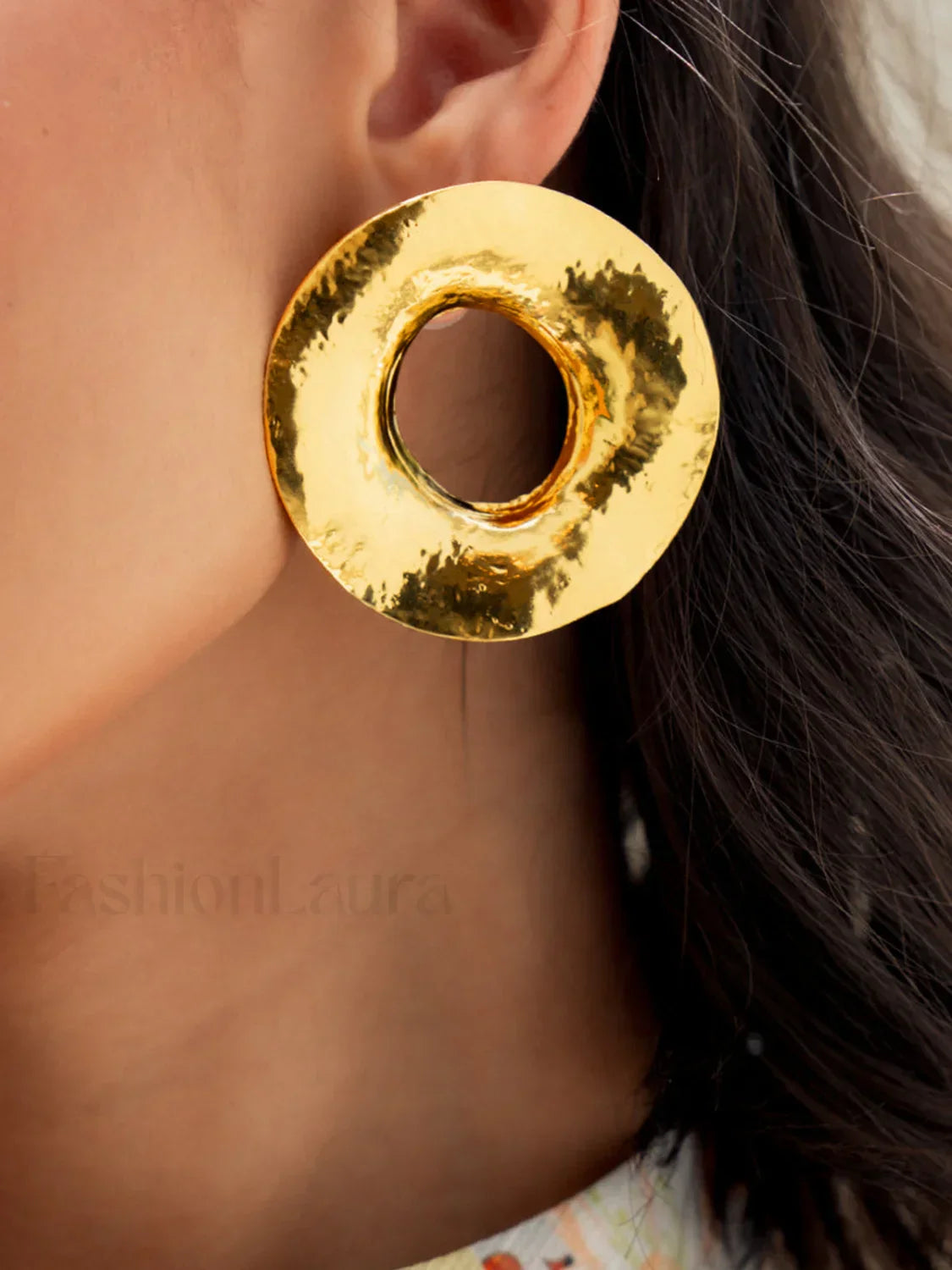 Gold Textured Metal Trendy Round Stud Earrings