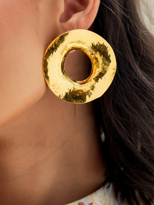 Gold Textured Metal Trendy Round Stud Earrings