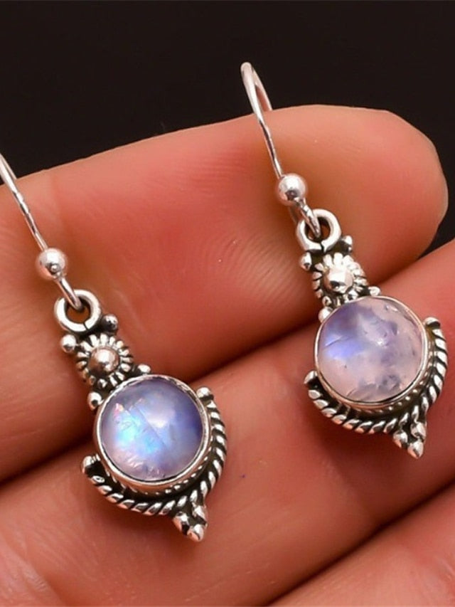 moonstone retro earrings    fashion thai silver colorful gemstone ear hook ear jewelry for Women