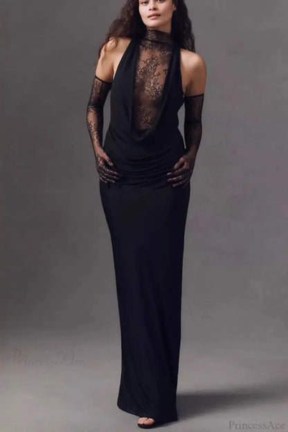 Halter Lace Paneled Deep V Ruched Evening Dress