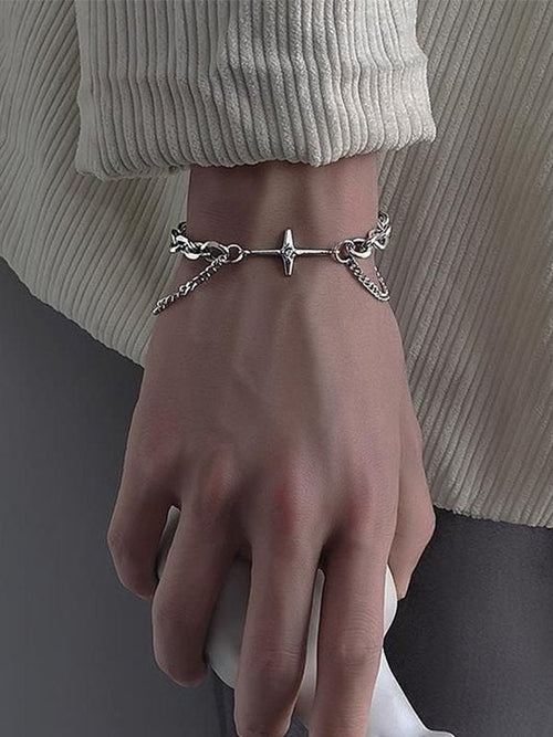 Silver Y2k Double Layered Tag Star Charm Bracelet