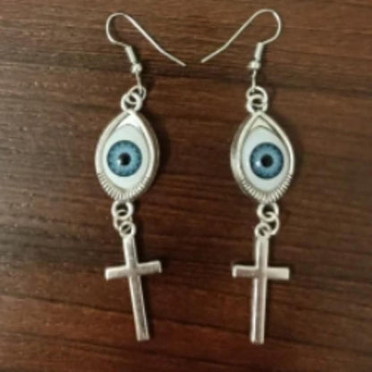 Blue eyes decor cross pendant drop earrings  | Festival Outfits Women