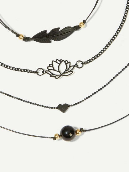 Lotus & Feather Bracelet Set 4pcs for Women