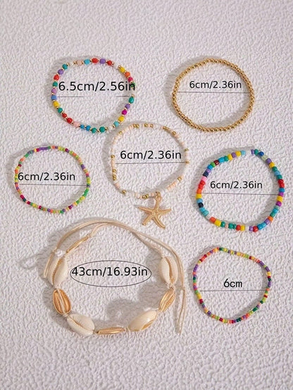 Coastal Charm 7-Piece Starfish and Seashell Beaded Bracelet Set