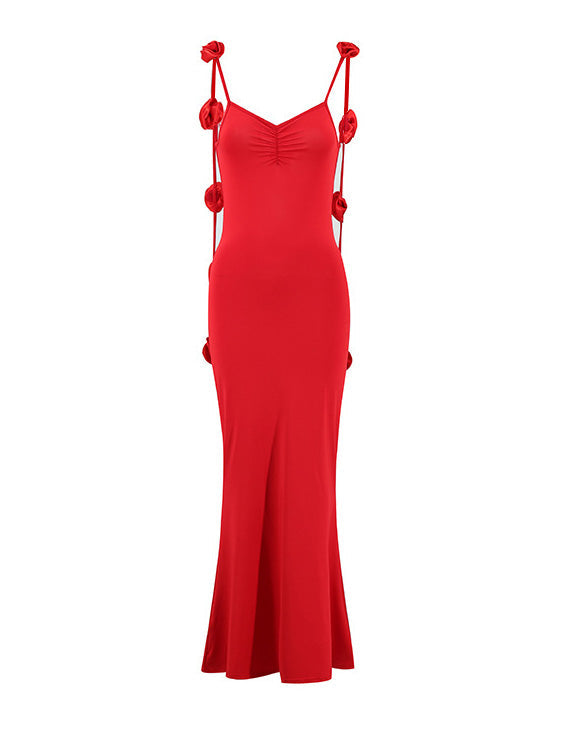 Backless Strap 3D Flower Decorated Suspender Evening Dress