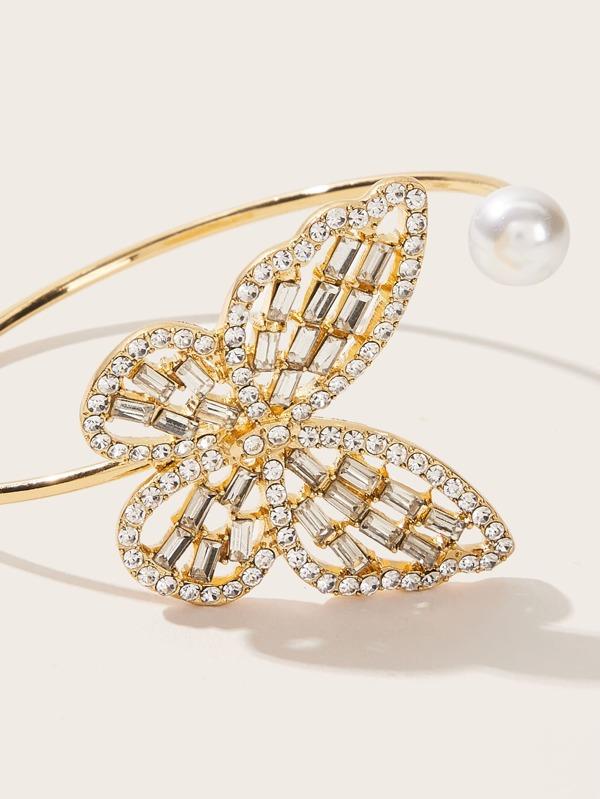 Rhinestone Butterfly & Faux Pearl Decor Cuff Bracelet 1pc for Women