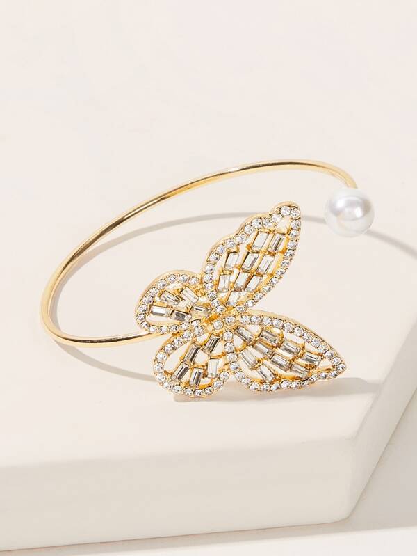 Rhinestone Butterfly & Faux Pearl Decor Cuff Bracelet 1pc for Women