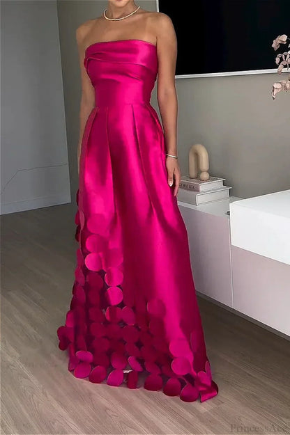 Satin Sequined Paneled Strapless High Waist Evening Dress