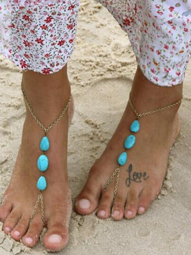 Ankle Bracelet Stylish Simple Body Jewelry For Holiday Beach Classic Turquoise Alloy Gold 1pcs for Women