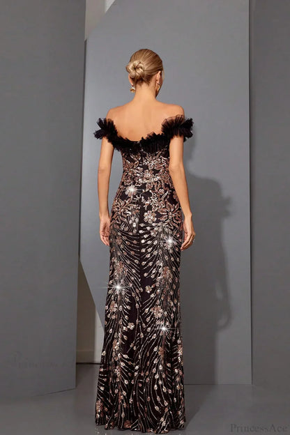 Sequin Off-the-Shoulder Fitted Mermaid Evening Dress