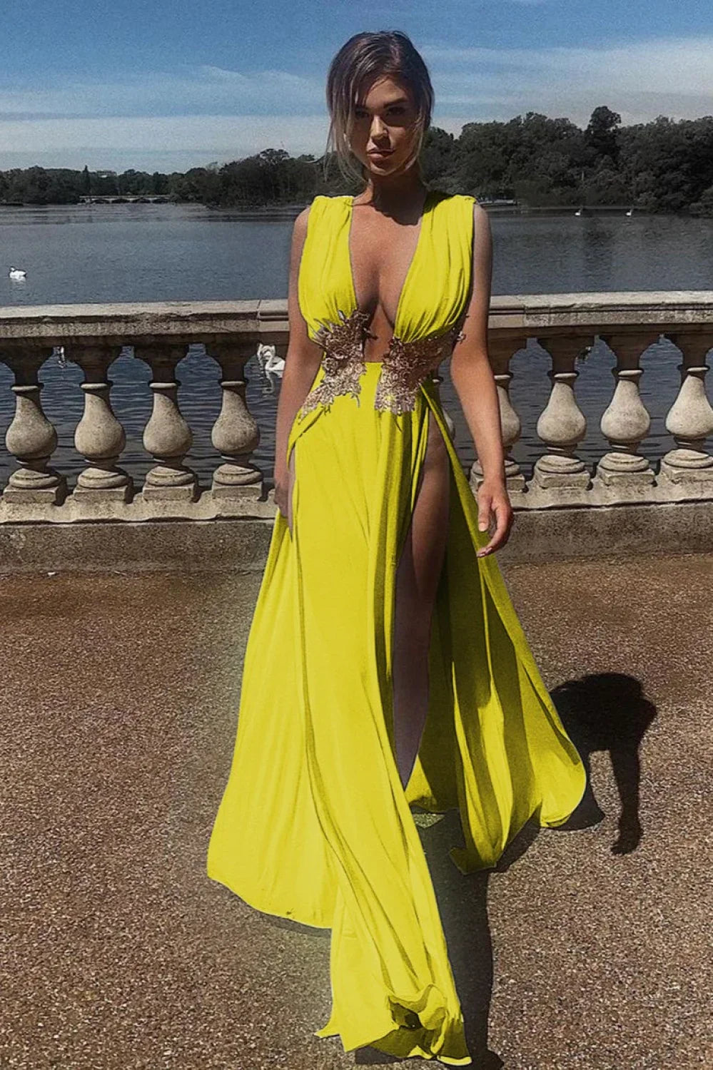 Sexy Deep V High Slit Flared Evening Dress