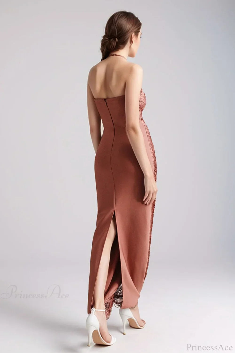 Sleeveless Halter Tassel Fitted Evening Dress