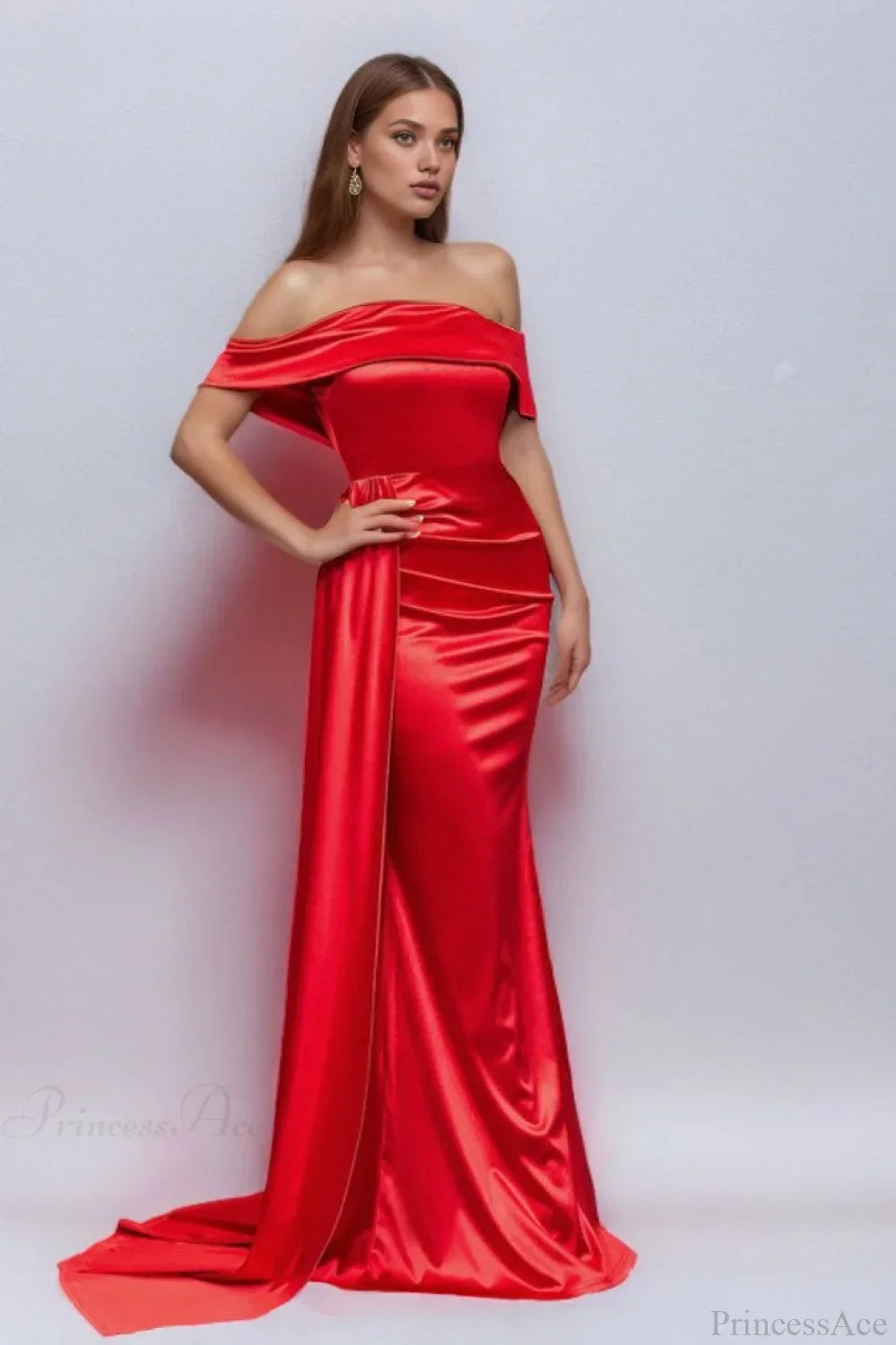 Solid Satin Off-the-Shoulder High Waist Mermaid Evening Dress