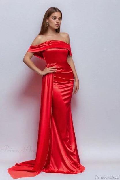 Solid Satin Off-the-Shoulder High Waist Mermaid Evening Dress