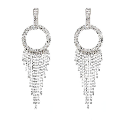 Sparkly Crystal Hoop Fringe Dangle Earrings - Silver
