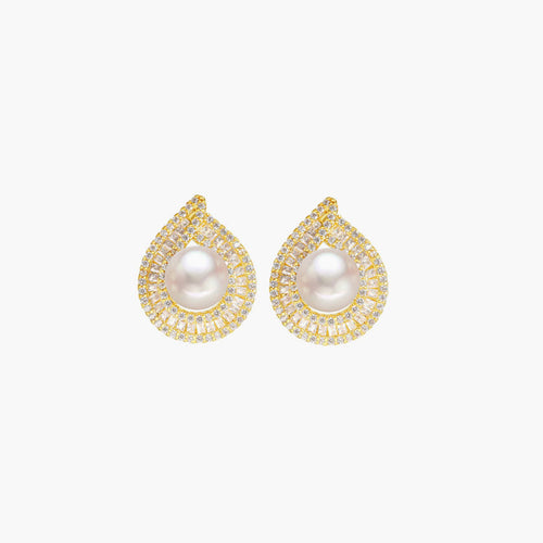 Rhinestone Trimmed Pearlized Stud Earrings - Gold