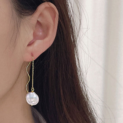 Threader Earrings with Spiral Wire and Baroque Pearl Drop