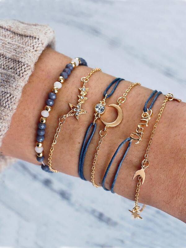 Star & Moon Assorted Bracelet Set - 6pcs for Women