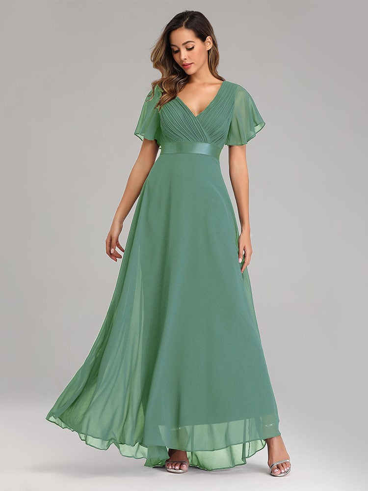 Big Swing V Neck Flared Sleeve Chiffon Party Bridesmaid Evening Dress