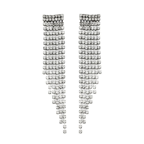 Rhinestone Long Tassel Dangle Earrings Silver