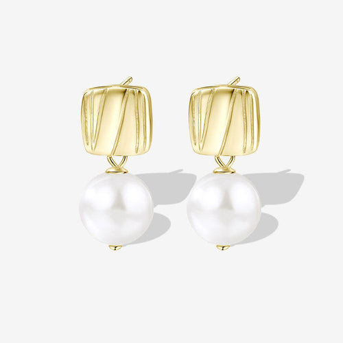 Sterling Silver Plated Two Tone Square Baroque Pearl Drop Earrings