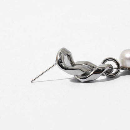 Coin Pearl Pendant Chunky Chain Earrings - Silver