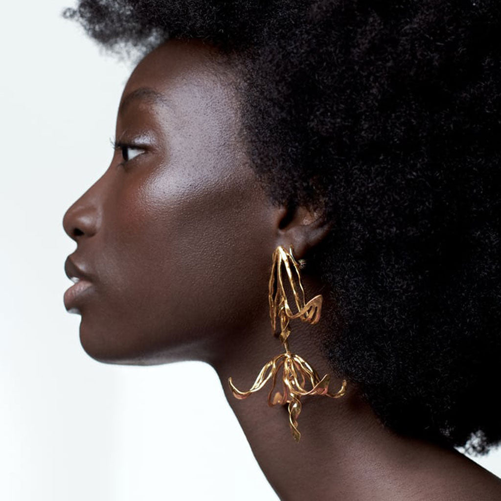 Exaggerated Tulip Flower Drop Earrings in Vintage Polished Plating