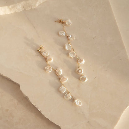 Baroque Petal Pearl Drop Earrings in 18K Gold Plated Cable Chain